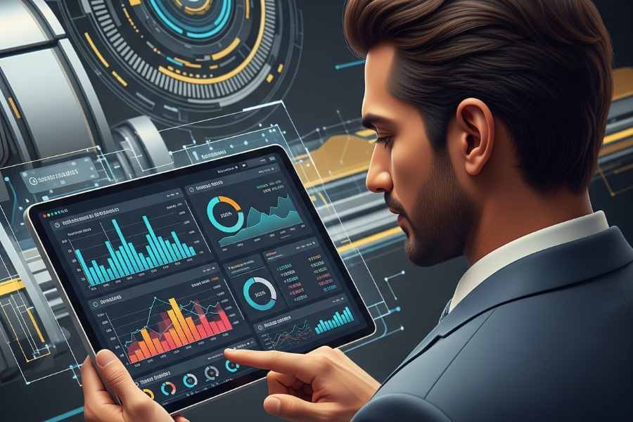 "Análisis predictivo de IA ayudando a un CEO a tomar decisiones informadas."