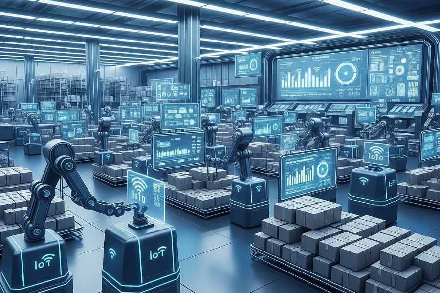 "Visualización de IA gestionando inventarios en tiempo real en un almacén."